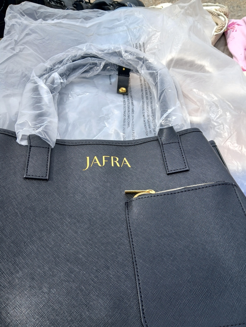 JAFRA Black Faux Leather Tote with Gold Logo